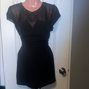Black Sheer Beaded Neckline Romper